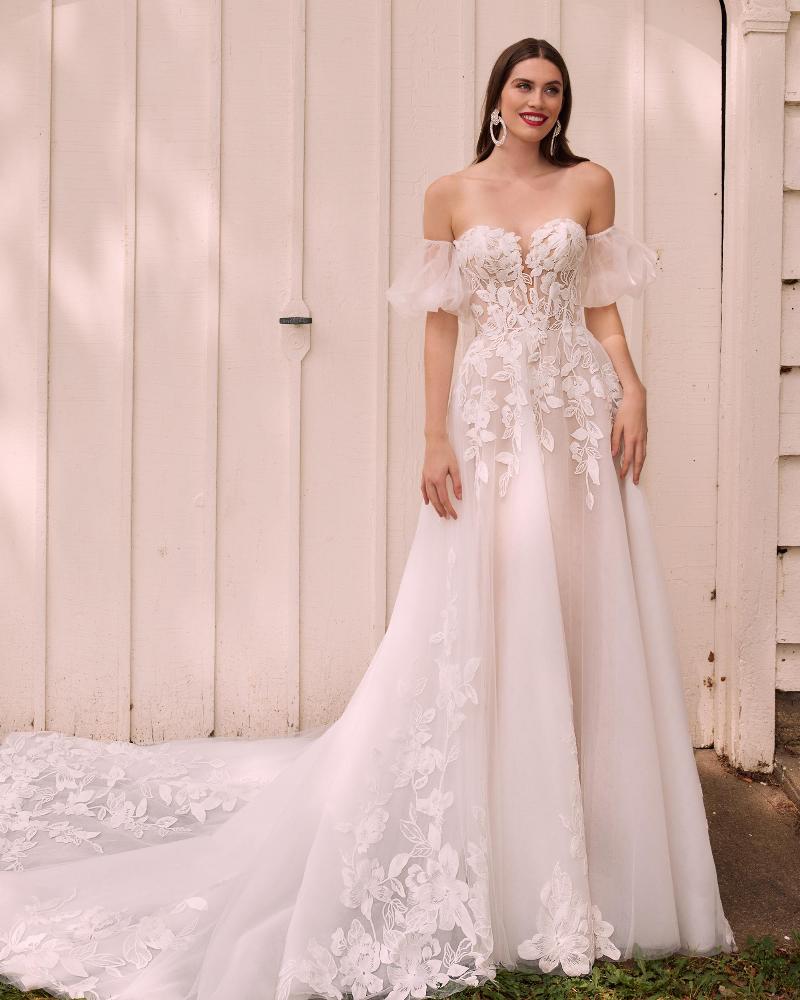 La22122 strapless or off the shoulder puff sleeve wedding dress with a line silhouette1
